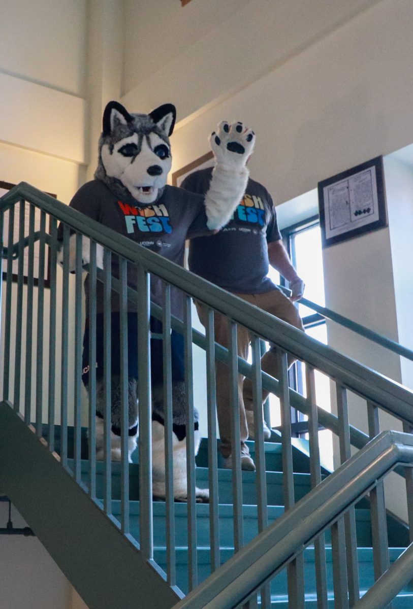Husky costume waving while walking down stairs